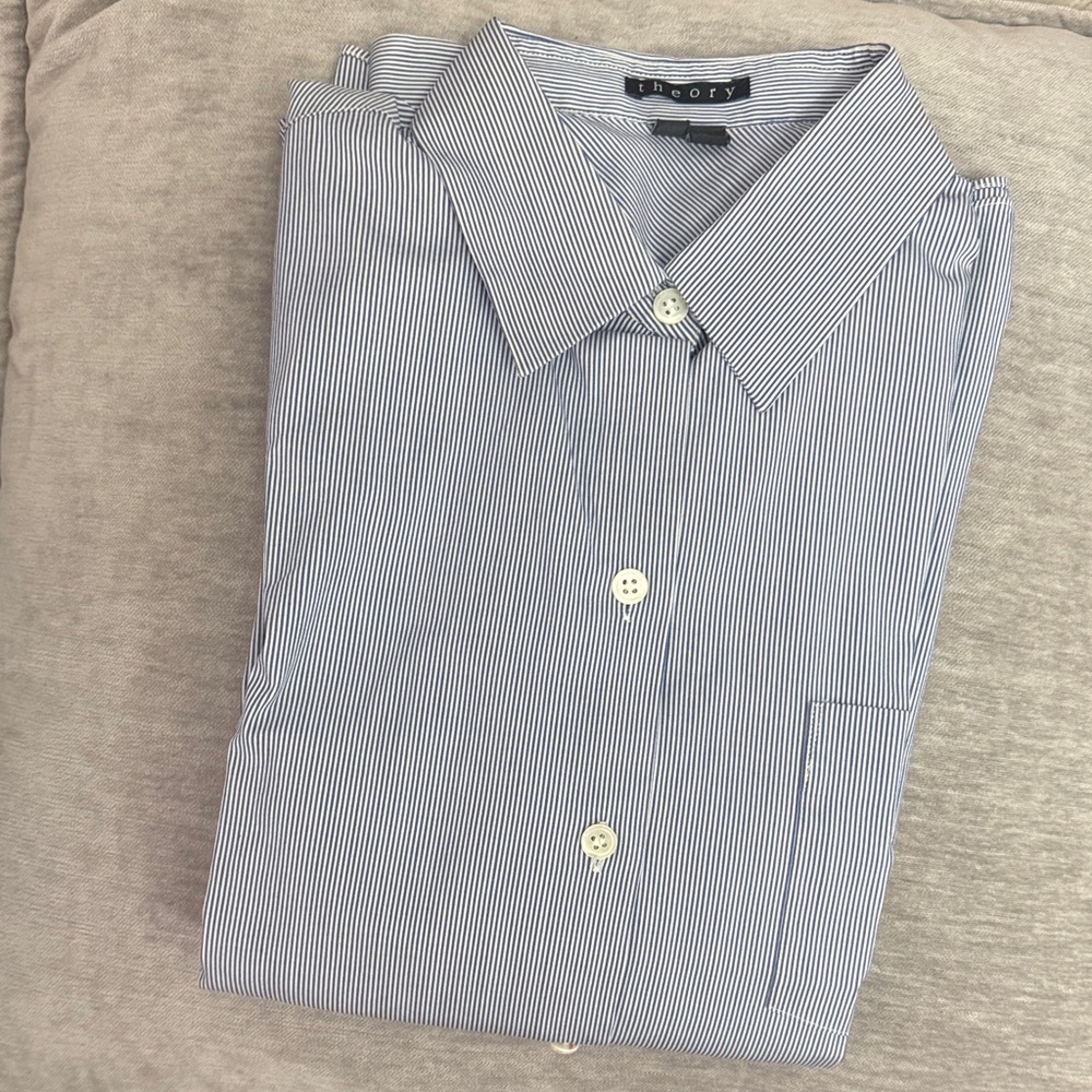 Theory Women's Blue Pinstripe Button Down Shirt
